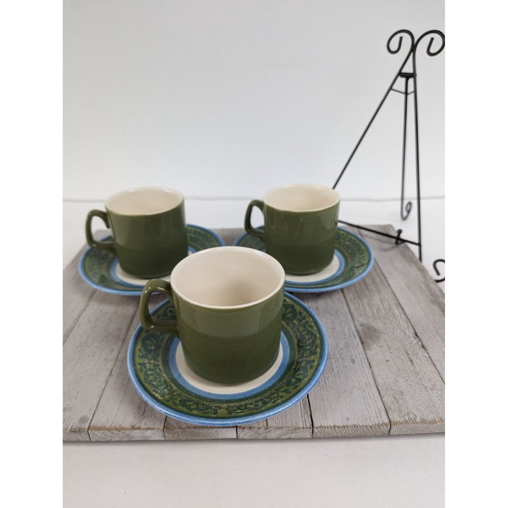 Vintage Royal Ironstone BLUE EDGE By Royal China Set of 3 Mugs Saucer Plates